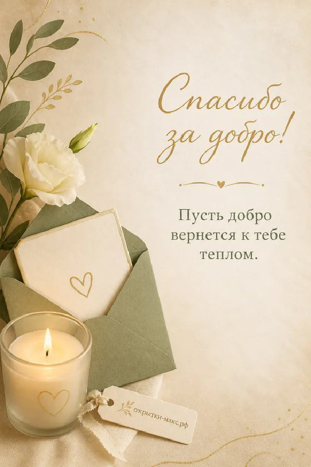 Открытка «Спасибо за добро!» с зелёным конвертом, белым цветком, свечой и вязаным пледом в оливковых тонах — вариант 2