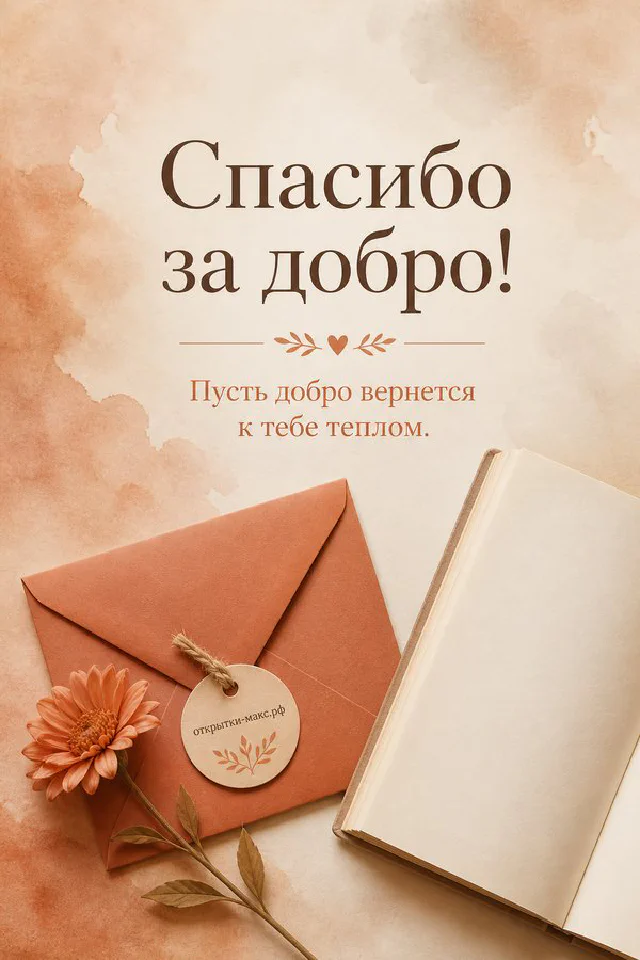 Открытка «Спасибо за добро!» с зелёным конвертом, белым цветком, свечой и вязаным пледом в оливковых тонах — вариант 3