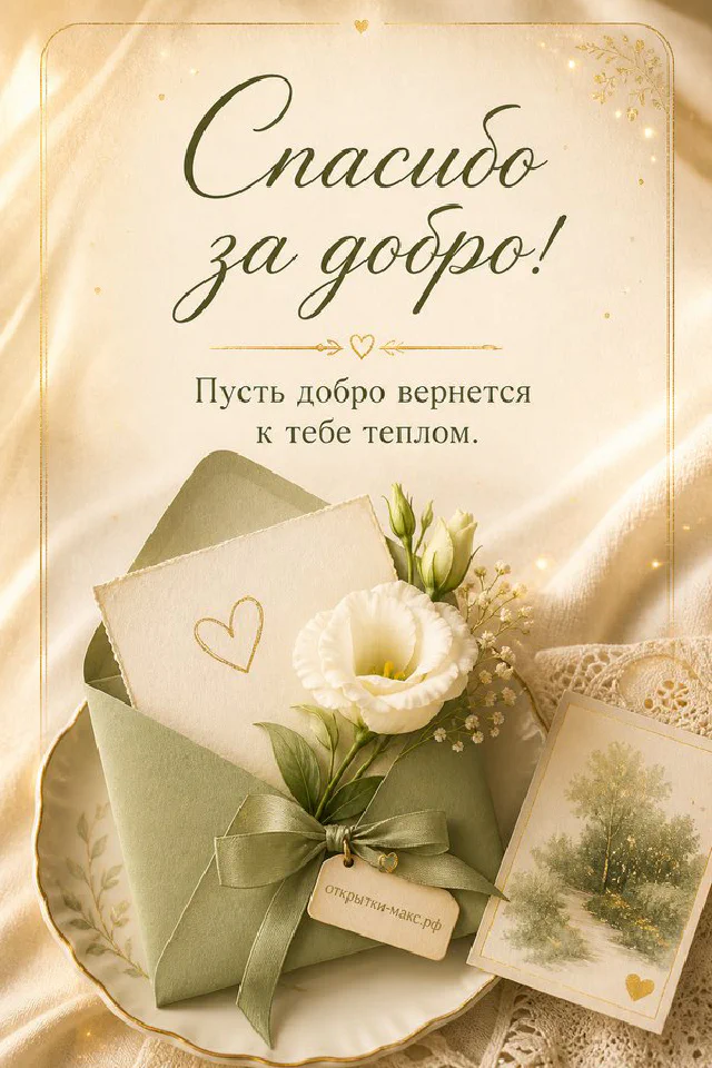 Открытка «Спасибо за добро!» с зелёным конвертом, белым цветком, свечой и вязаным пледом в оливковых тонах — вариант 4