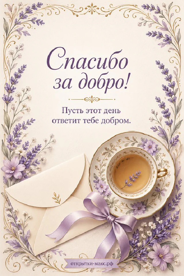 Открытка с текстом прикреплена прищепкой, вокруг лаванда, фиолетовые ленты и печенье-сердечко на бежевом фоне — вариант 3