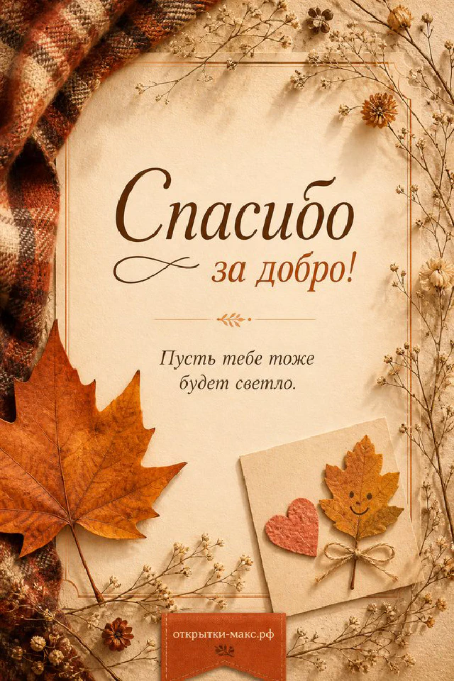 Открытка «Спасибо за добро!» — бежевый конверт с розовым бантиком среди лавандовых и золотых трав на светлом фоне — вариант 4