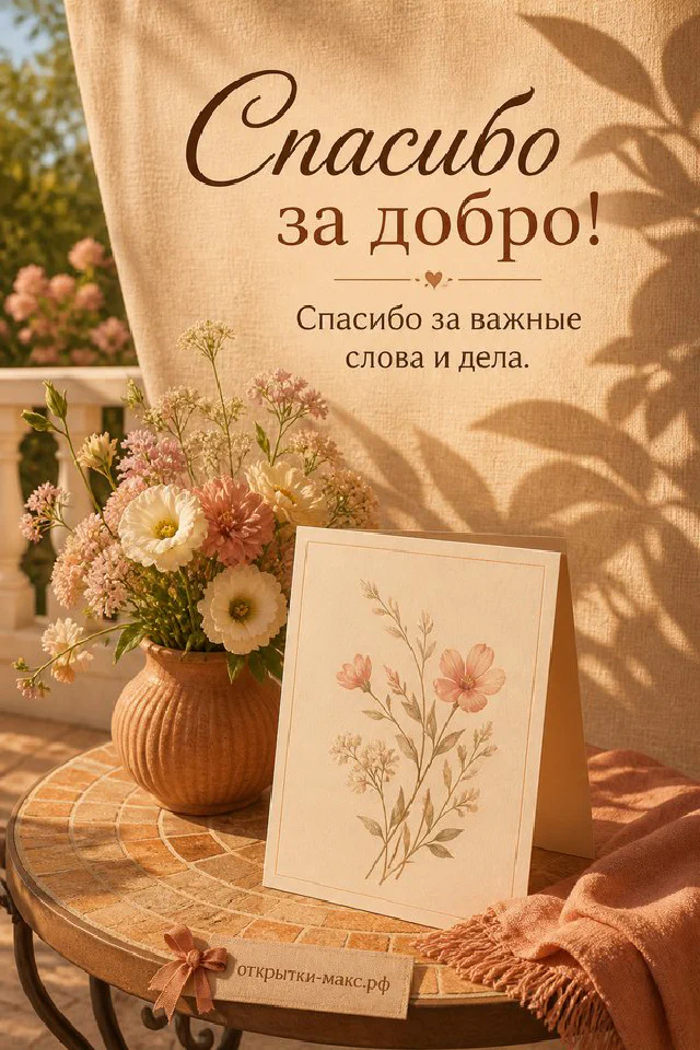 Букет оранжевых полевых цветов, ромашек и злаков, перевязанный коричневой атласной лентой на белом фоне с надписью Спасибо за добро — вариант 2