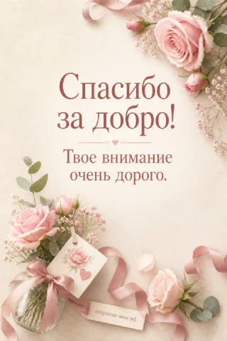 Открытка с нежно-розовыми розами и атласной лентой на бежевом фоне с надписью Спасибо за добро