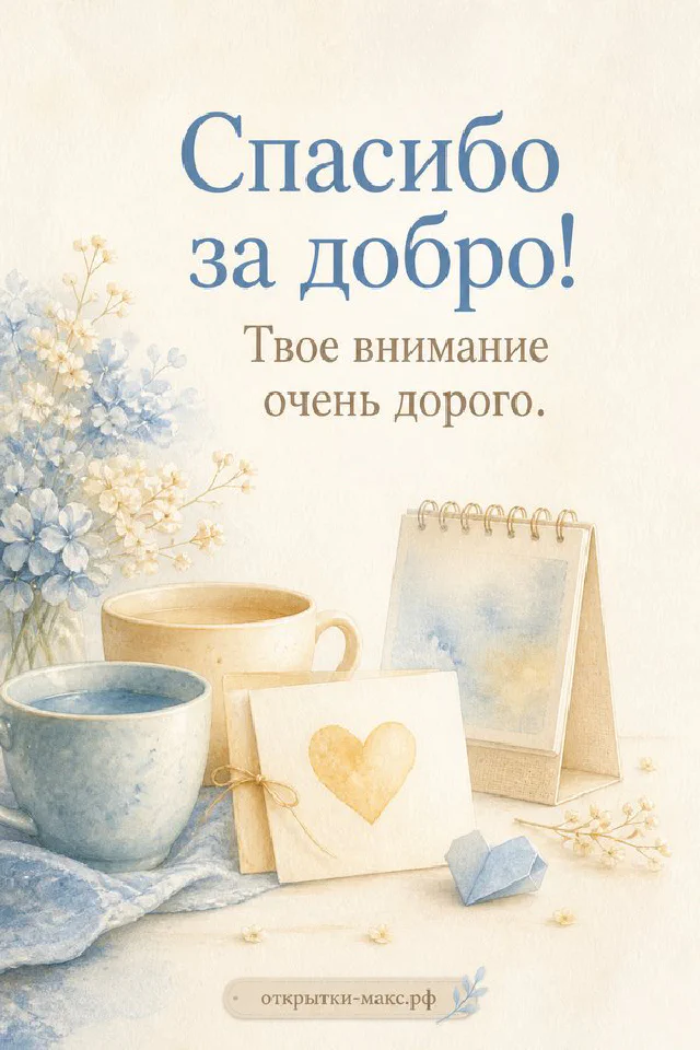 Открытка с нежно-розовыми розами и атласной лентой на бежевом фоне с надписью Спасибо за добро — вариант 2