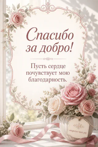 Открытка с букетом розовых роз в вазе на подоконнике с надписью «Спасибо за добро — пусть сердце почувствует мою благодарность»