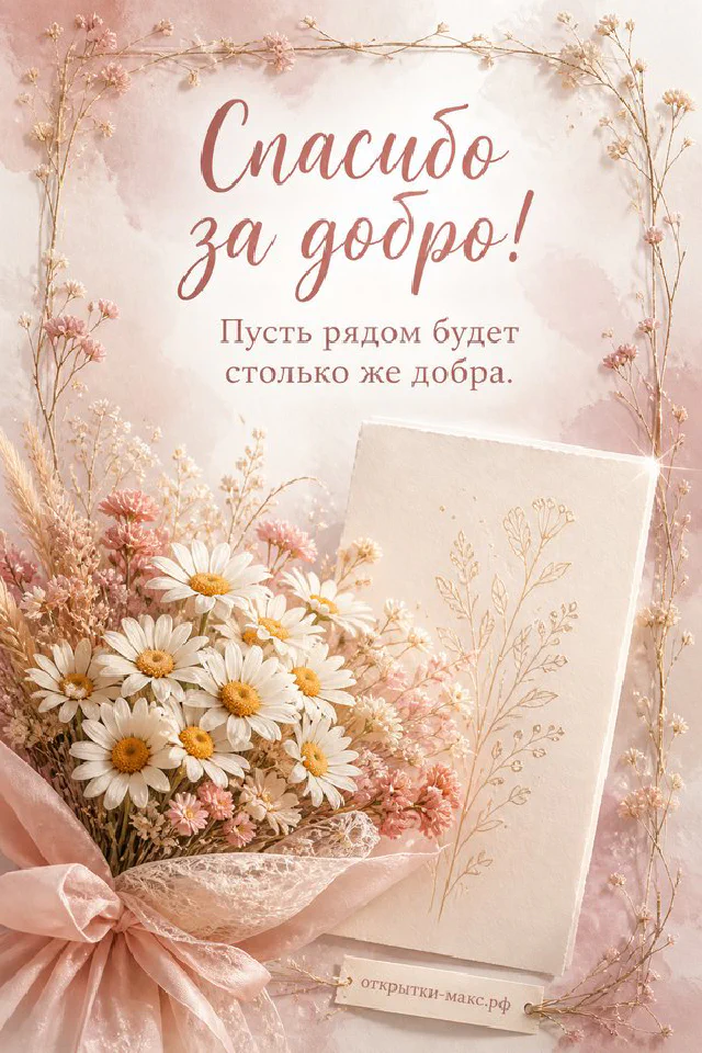 Ваза с высокими сухими колосьями и эвкалиптом, горящая свеча и искорки на светлом фоне с надписью Спасибо за добро — вариант 2
