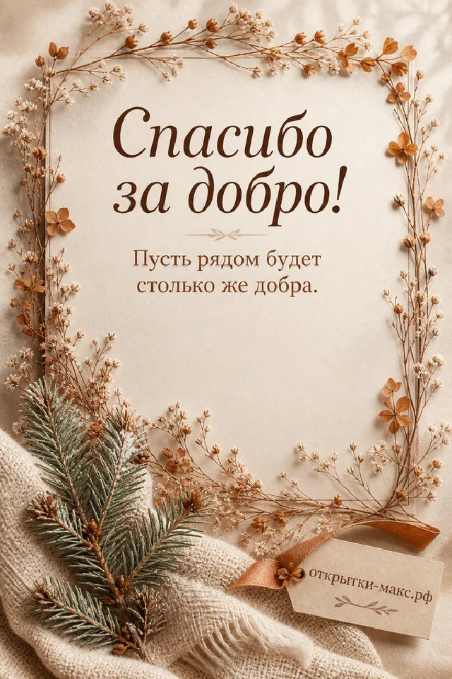 Ваза с высокими сухими колосьями и эвкалиптом, горящая свеча и искорки на светлом фоне с надписью Спасибо за добро — вариант 3