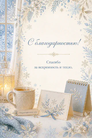 Зимняя открытка с кружкой чая, настольным календарём и снежинками с надписью «Спасибо за искренность и тепло»