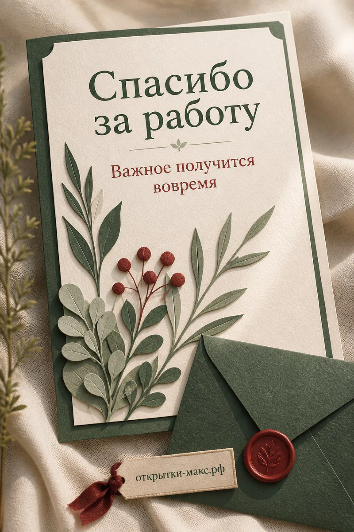 Открытка «Спасибо за работу» с зелёными листьями, красными ягодами и зелёным конвертом с сургучной печатью на ткани