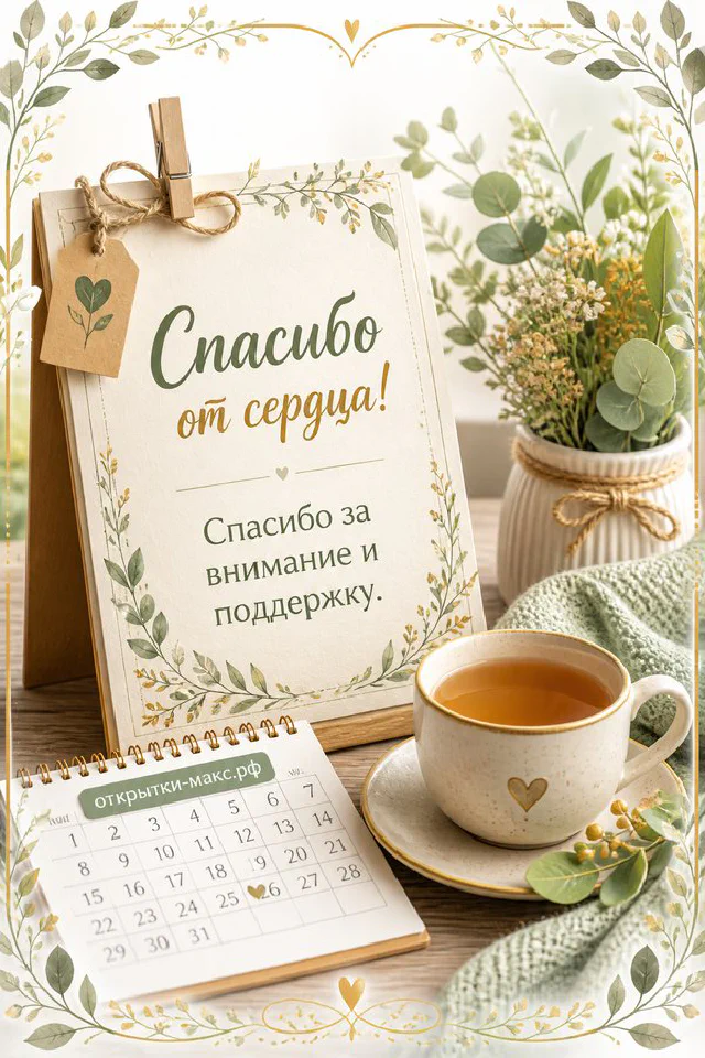 Кружка чая с блокнотом в венке из акварельных листьев с надписью Спасибо от сердца — вариант 2