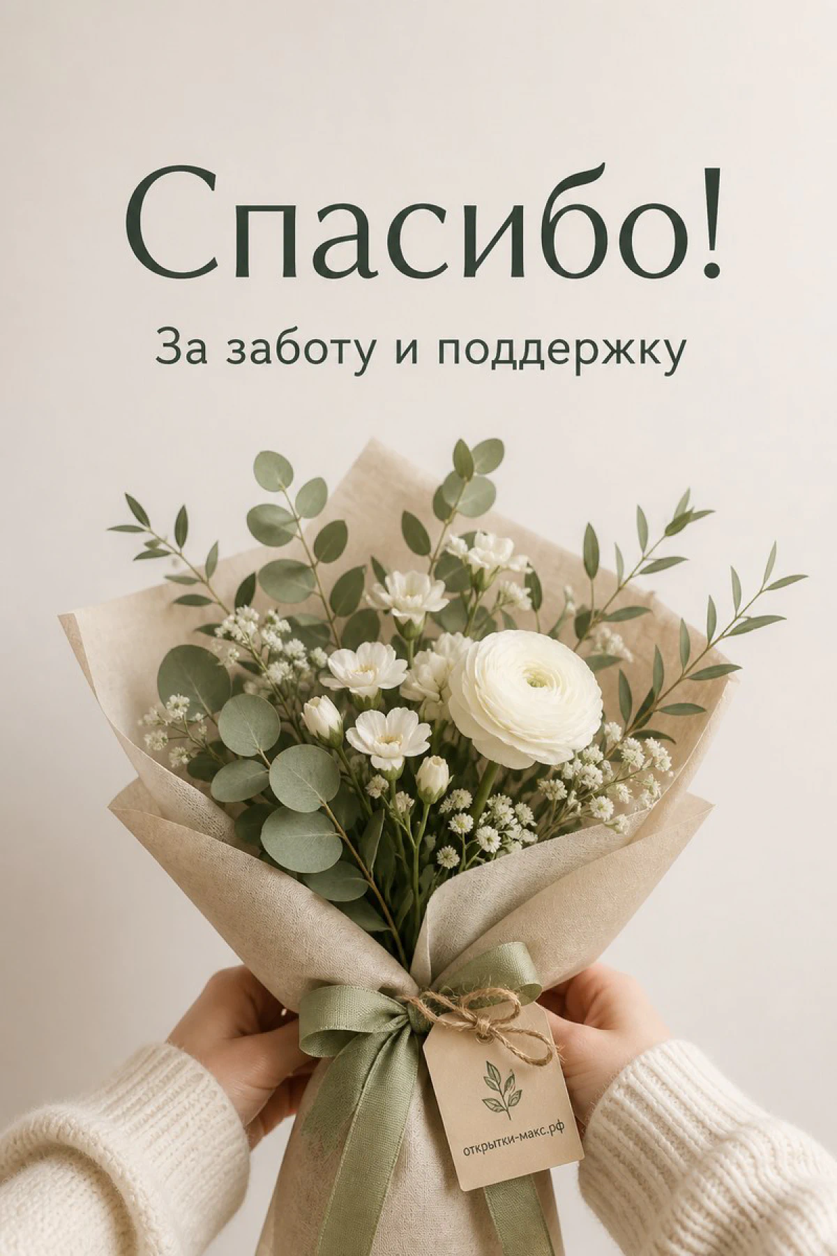 Открытка с букетом белых цветов и эвкалипта в руках с надписью «Спасибо — за заботу и поддержку» на светлом фоне