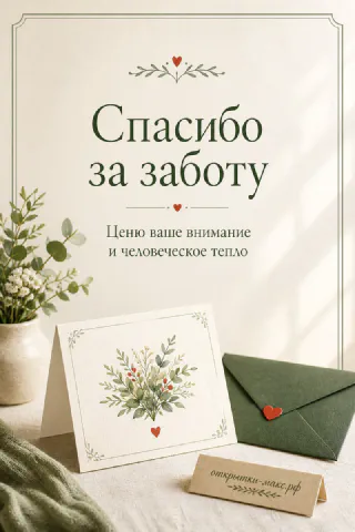 Открытка «Спасибо за заботу» с белой карточкой, зелёным конвертом и ветками эвкалипта на льняной скатерти