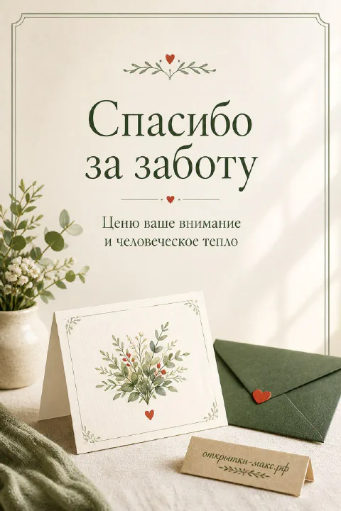 Открытка «Спасибо за заботу» с белой карточкой, зелёным конвертом и ветками эвкалипта на льняной скатерти