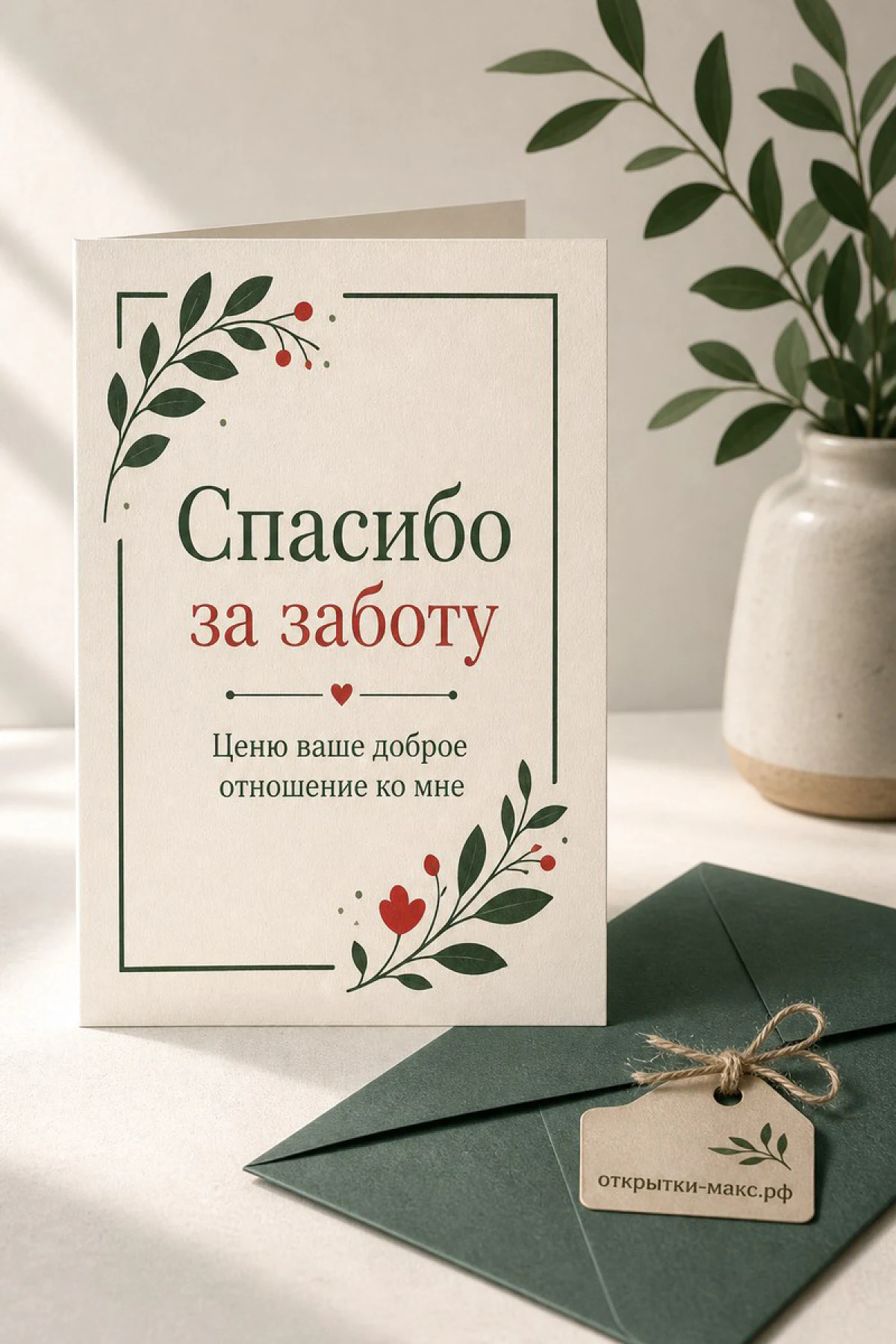 Открытка «Спасибо за заботу» с ботаническим орнаментом в зелёных тонах, зелёным конвертом и бежевым фоном
