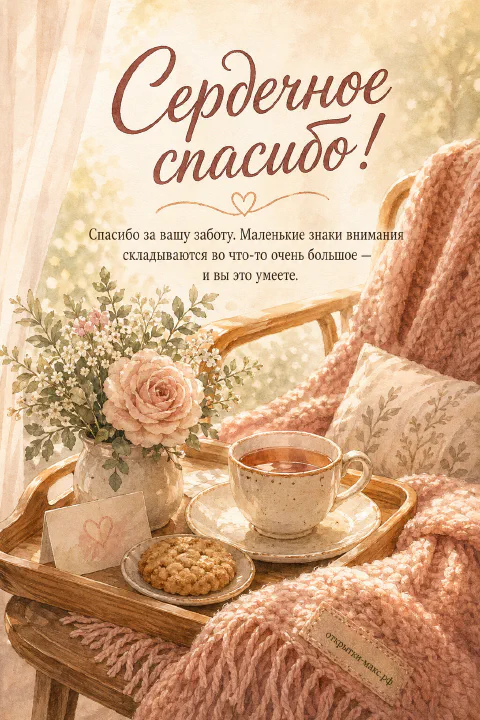 Акварельный деревянный поднос с фарфоровой чашкой чая, печеньем, розой в вазочке и запиской с сердечком на кресле с розовым вязаным пледом