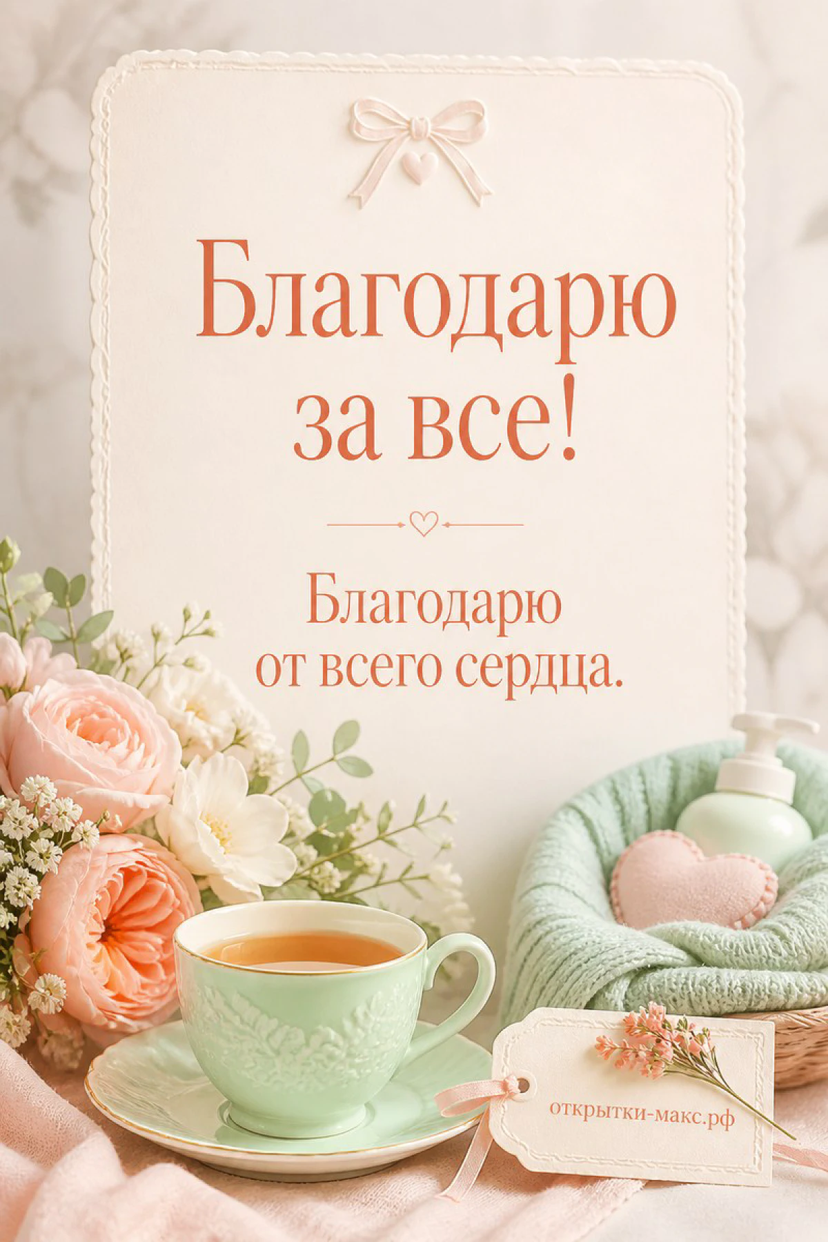 Теплая бумажная открытка рядом с букетом и ленточкой