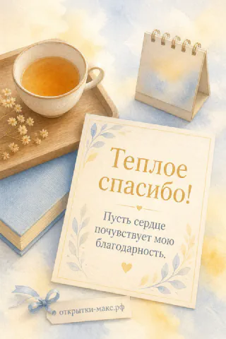 Акварельная открытка с чашкой чая на деревянном подносе и блокнотом в голубых тонах
