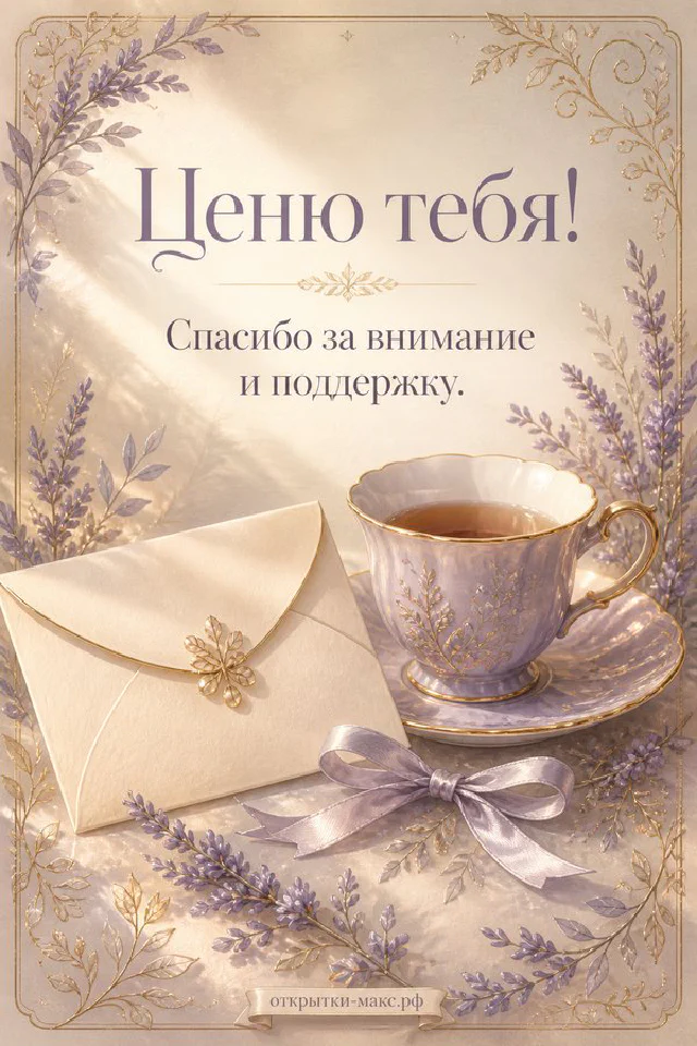 Акварельная записка Ценю тебя с золотым сердечком рядом с чашкой чая и лавандой у окна на голубой ткани — вариант 2
