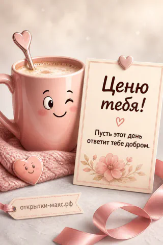 Розовая кружка кофе с улыбающимся лицом и карточкой «Ценю тебя» на вязаном пледе