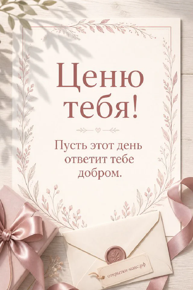 Розовая кружка кофе с улыбающимся лицом и карточкой «Ценю тебя» на вязаном пледе — вариант 2