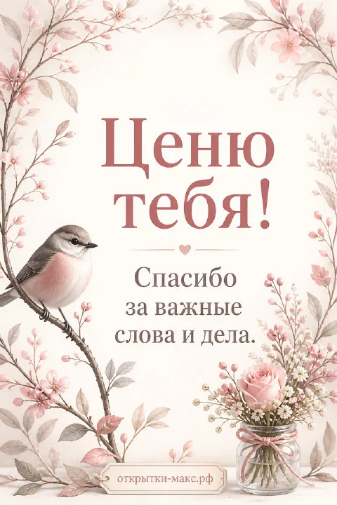Птичка на ветке с розовыми цветами и надписью «Ценю тебя! Спасибо за важные слова и дела»