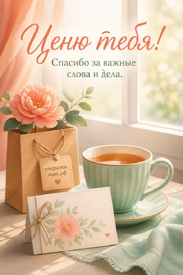 Птичка на ветке с розовыми цветами и надписью «Ценю тебя! Спасибо за важные слова и дела» — вариант 2