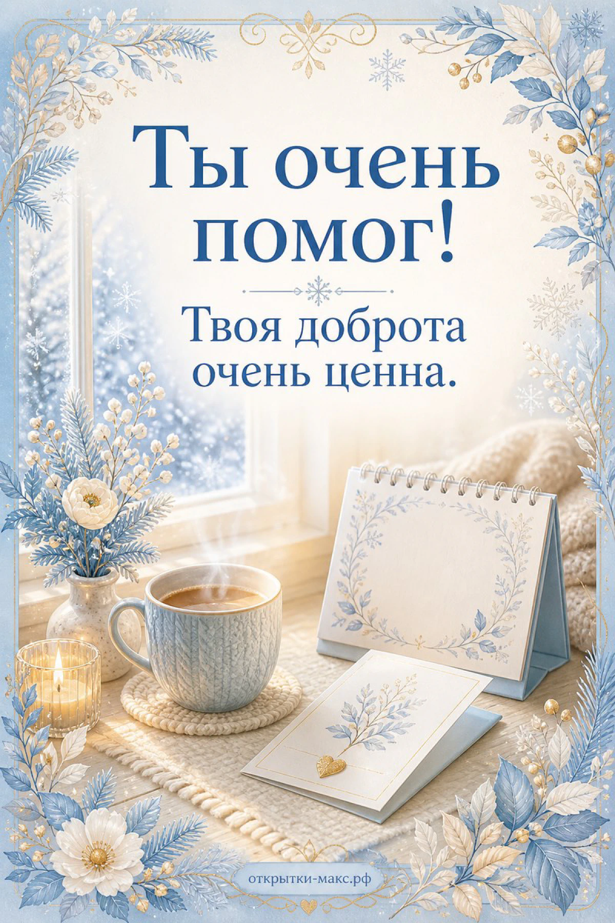 Зимняя открытка Ты очень помог с чашкой чая, настольным календарём и голубыми цветами в снежной рамке