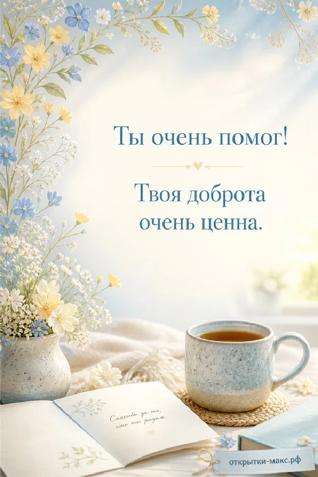 Зимняя открытка Ты очень помог с чашкой чая, настольным календарём и голубыми цветами в снежной рамке — вариант 2
