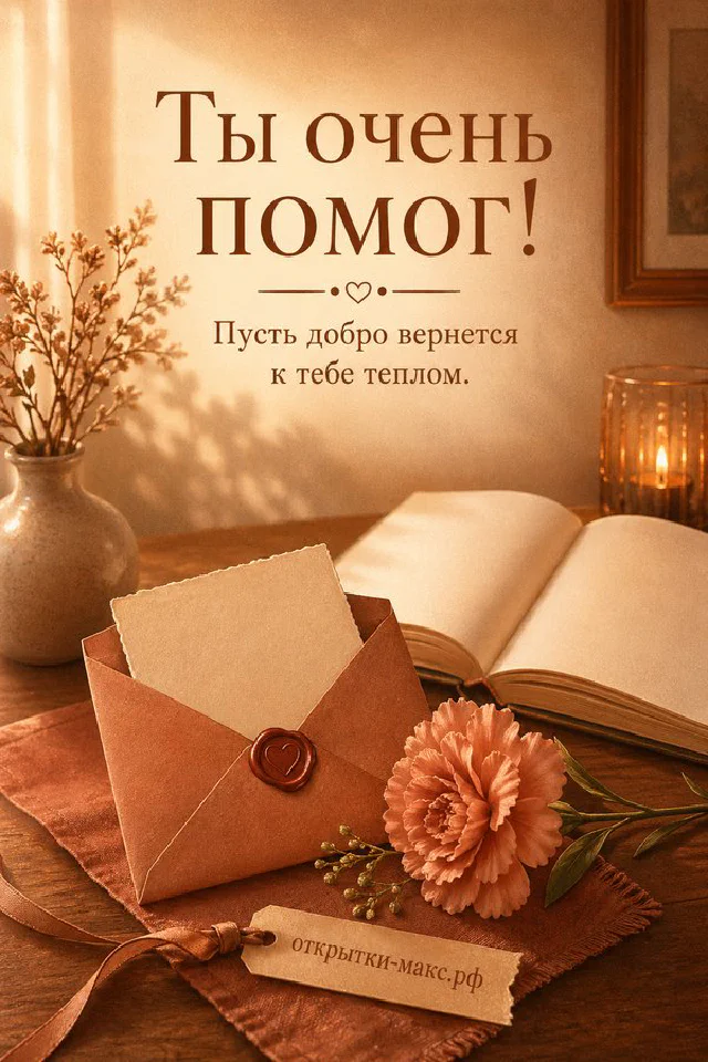 Светло-голубой конверт с жёлтой космеей и гипсофилой на нежном голубом фоне с надписью Ты очень помог — вариант 2