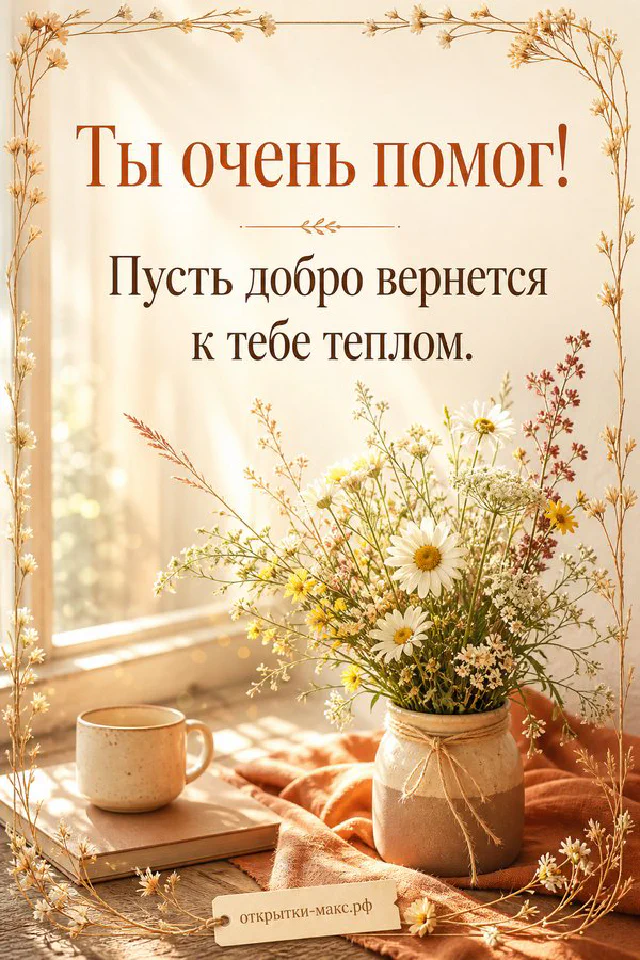 Светло-голубой конверт с жёлтой космеей и гипсофилой на нежном голубом фоне с надписью Ты очень помог — вариант 3