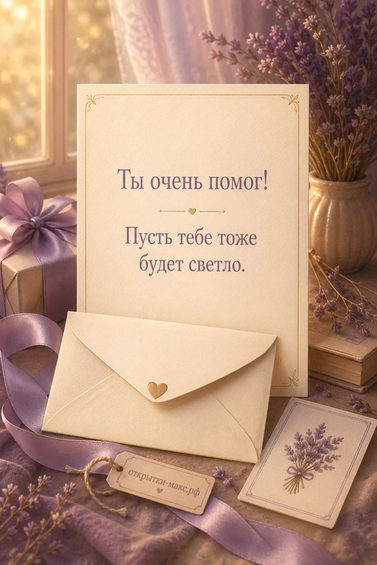 Открытка Ты очень помог с лавандовым букетом, конвертом с сердцем и книгами на тёплом фоне
