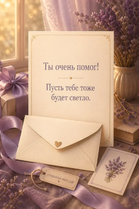 Открытка Ты очень помог с лавандовым букетом, конвертом с сердцем и книгами на тёплом фоне