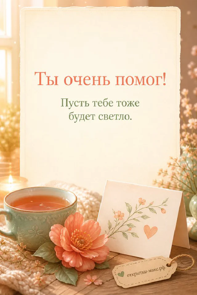 Открытка Ты очень помог с лавандовым букетом, конвертом с сердцем и книгами на тёплом фоне — вариант 2