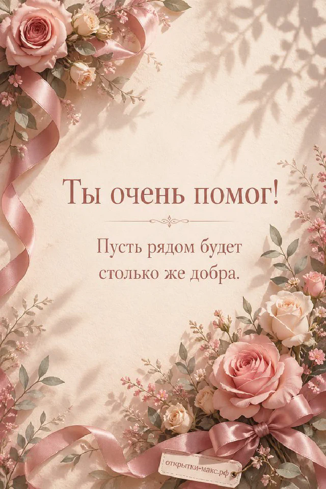 Винтажные розовые розы с бутонами и розовой лентой на кремовом фоне с надписью Ты очень помог — вариант 4