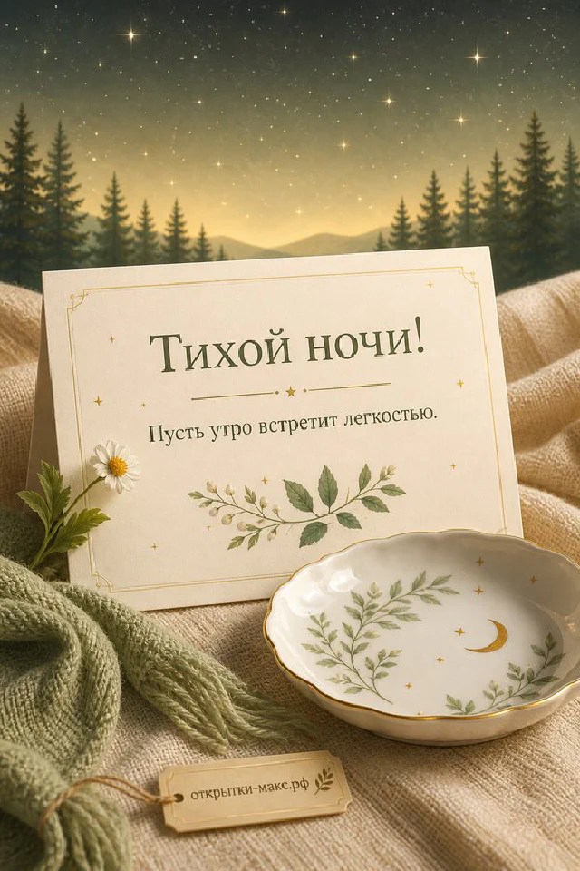 Чашка ромашкового чая и карточка с цветами у ночного окна с луной и огнями города внизу — вариант 4