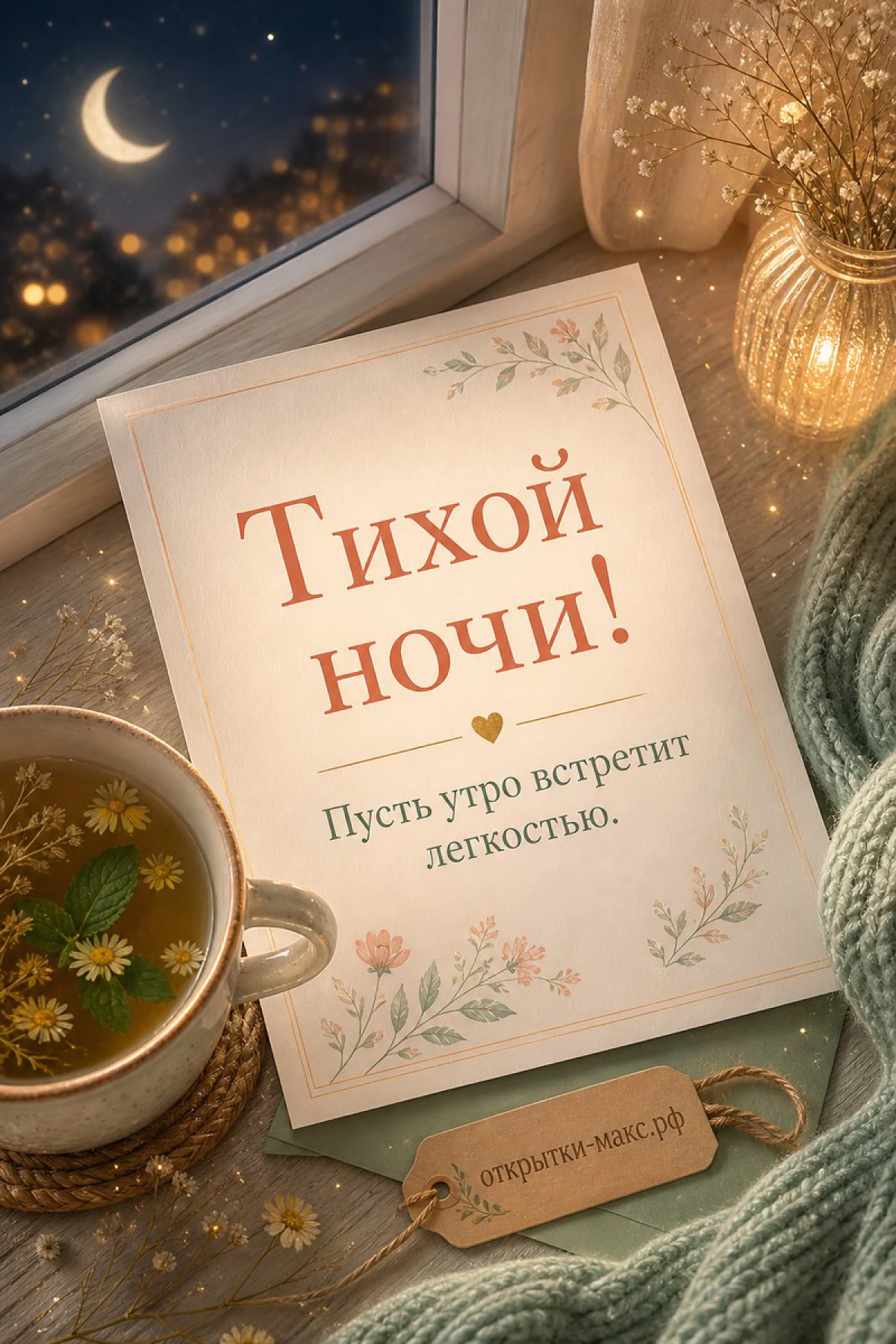 Чашка ромашкового чая и карточка с цветами у ночного окна с луной и огнями города внизу