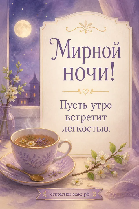 Чашка чая с ромашкой, полная луна и цветущие ветки за окном с надписью Мирной ночи