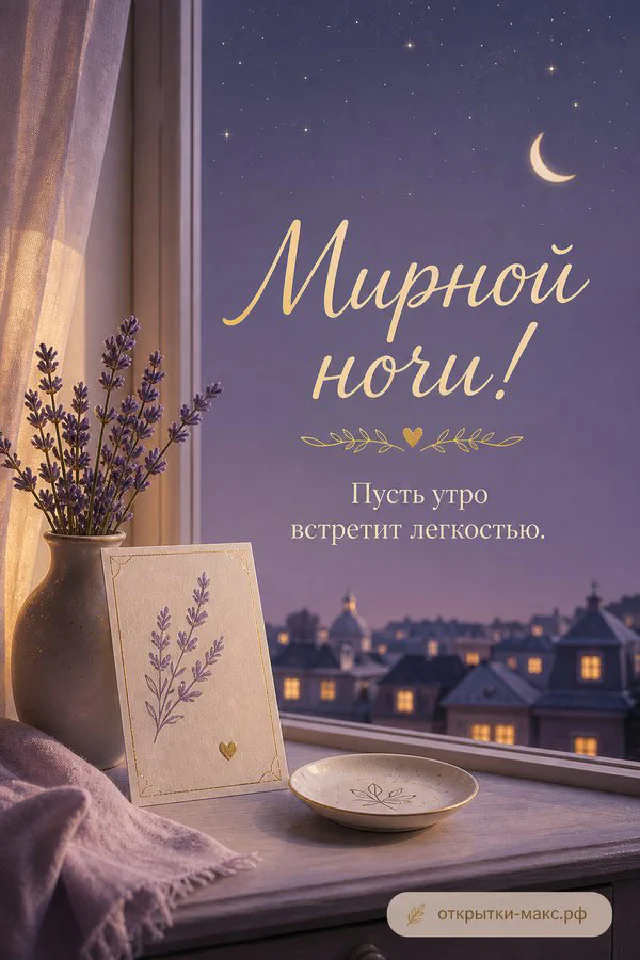 Чашка чая с ромашкой, полная луна и цветущие ветки за окном с надписью Мирной ночи — вариант 2