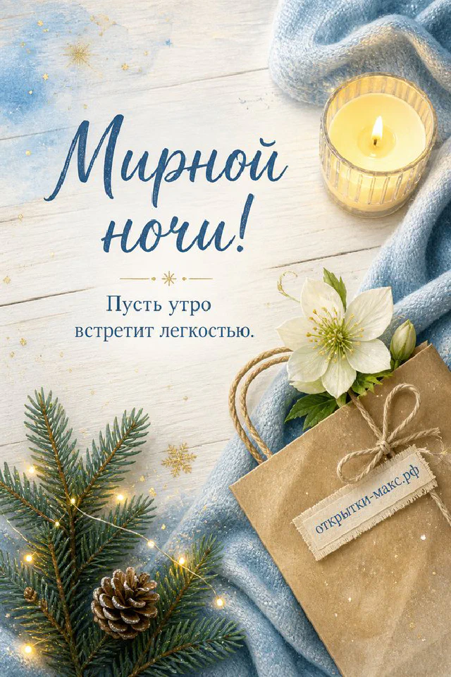 Чашка чая с ромашкой, полная луна и цветущие ветки за окном с надписью Мирной ночи — вариант 4