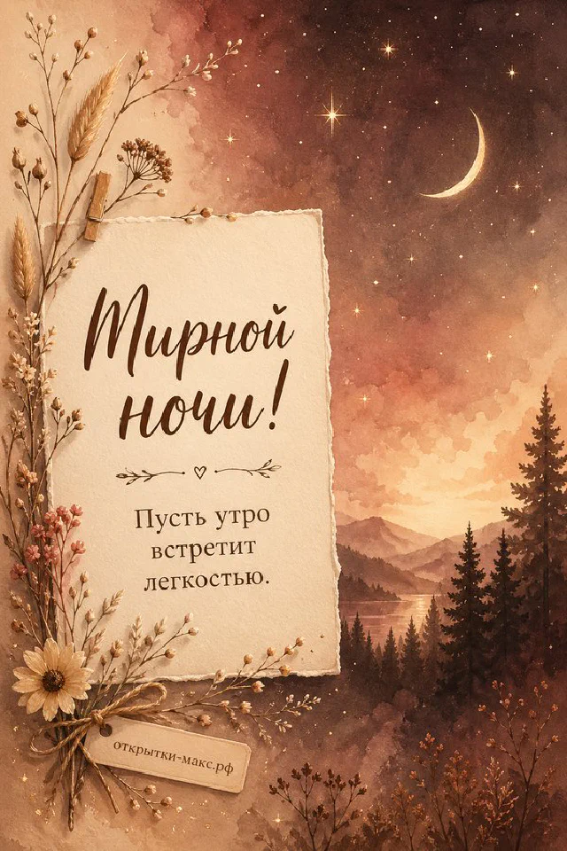 Чашка чая с ромашкой, полная луна и цветущие ветки за окном с надписью Мирной ночи — вариант 5