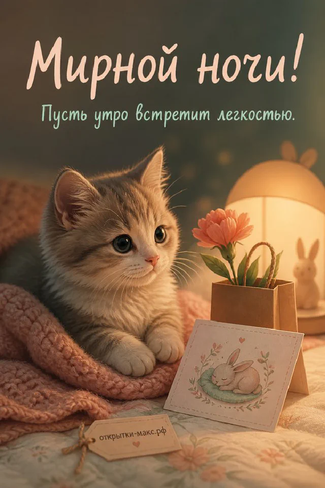 Чашка чая с ромашкой, полная луна и цветущие ветки за окном с надписью Мирной ночи — вариант 6