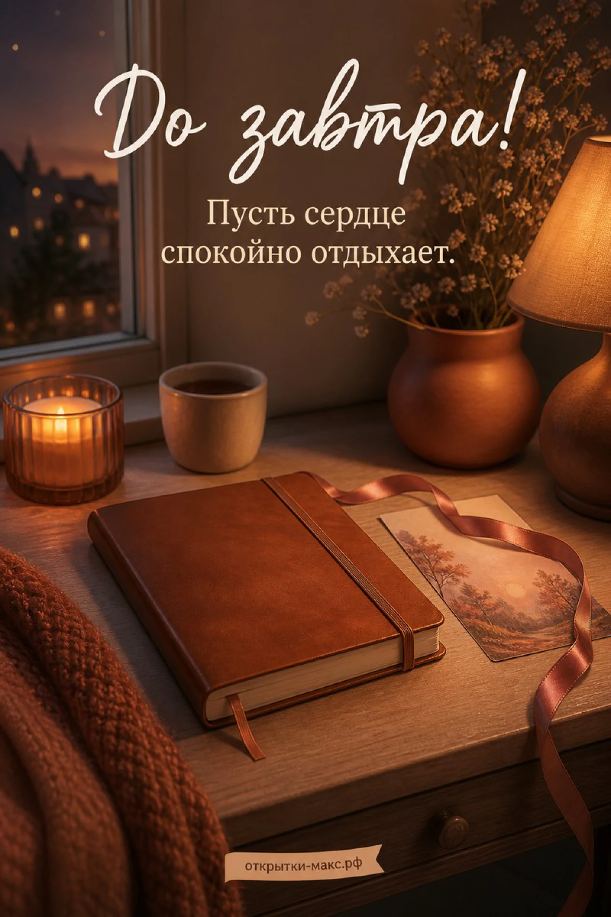 Кожаный блокнот с лентой, тёплая лампа и свеча у ночного окна — открытка «До завтра»