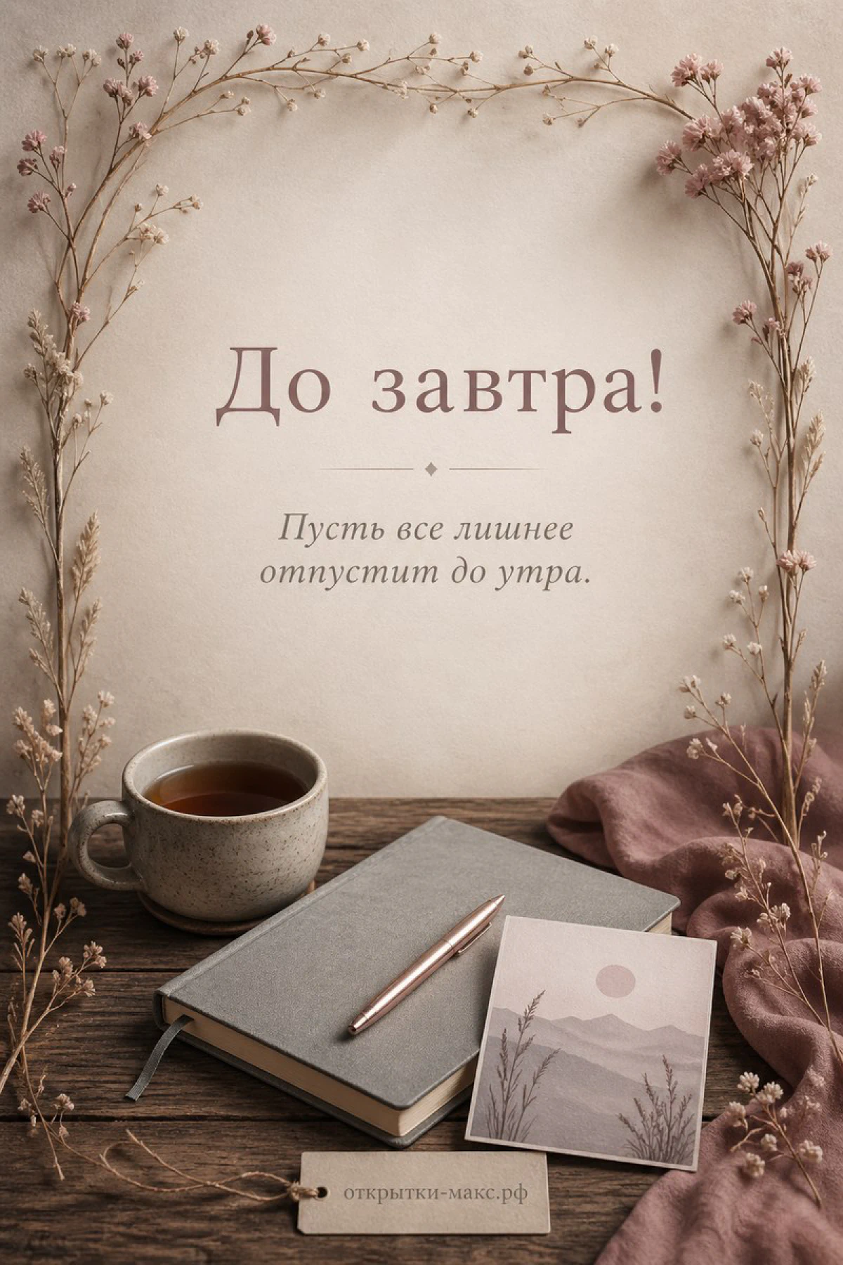 Чашка чая, блокнот и ручка на деревянном столе с сухими цветами, надпись До завтра