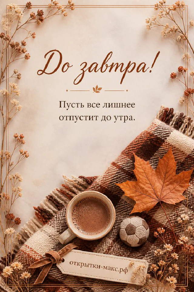 Чашка чая, блокнот и ручка на деревянном столе с сухими цветами, надпись До завтра — вариант 4
