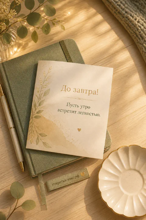 Зелёный ежедневник с ручкой, чашка и карточка «До завтра» с эвкалиптом на деревянном столе