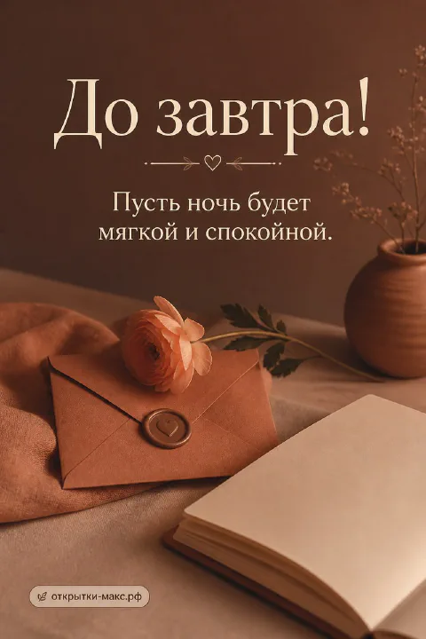 Конверт с сургучной печатью, персиковый ранункулус и книга на коричневом фоне — открытка «До завтра»