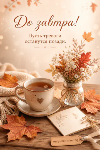 Чашка чая с кленовыми листьями и цветами в банке на деревянном столе, надпись «До завтра»