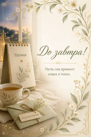 Настольный календарь «Пятница», чашка чая и конверт с листьями на светлом фоне — открытка «До завтра»