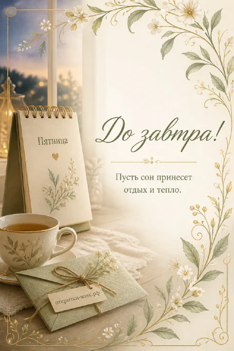 Настольный календарь «Пятница», чашка чая и конверт с листьями на светлом фоне — открытка «До завтра»