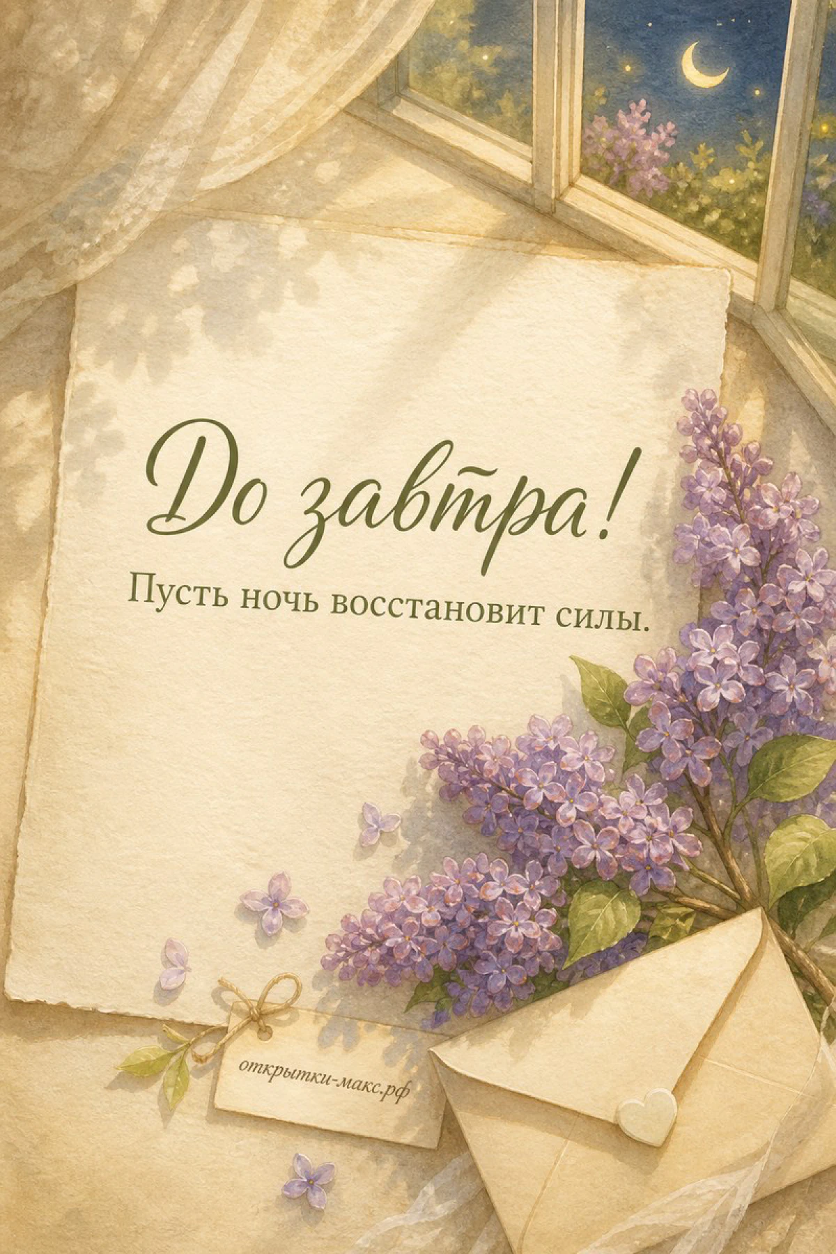 Акварельная сирень с конвертом у окна с видом на луну, надпись «До завтра»